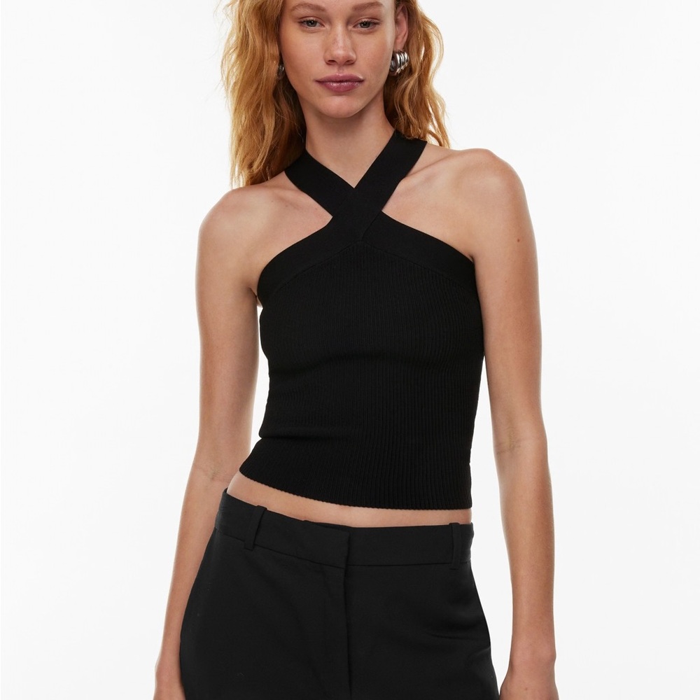 Aritzia Black Cross-Neck Ribbed Tank Top